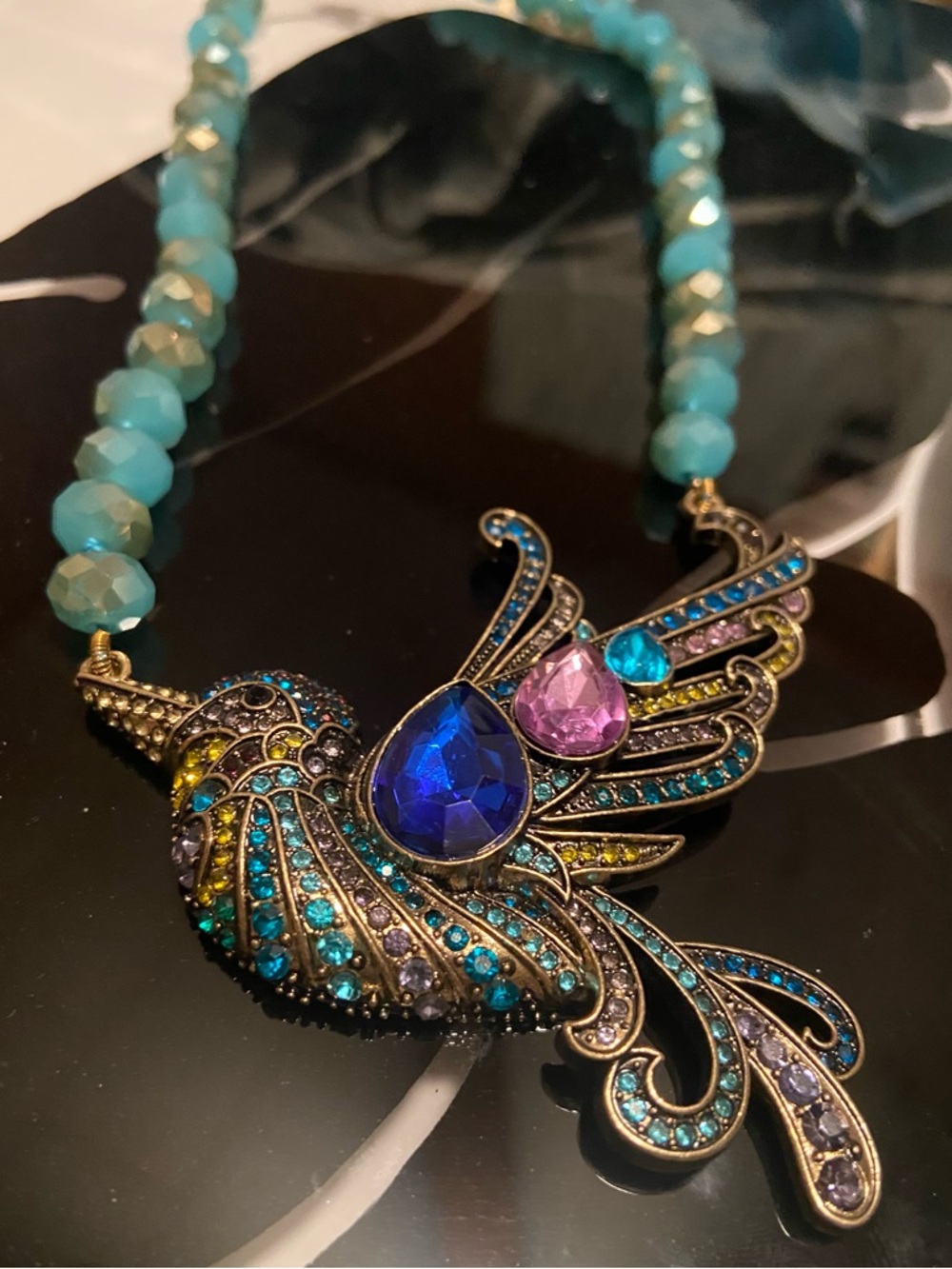 Multicolor Crystal Bird Pendant Necklace - Turquoise Beaded Chain #110